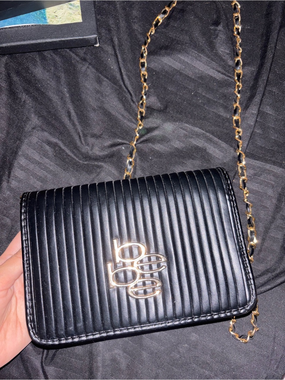 bebe Black Ribbed Quilted Crossbody with Gold Chain